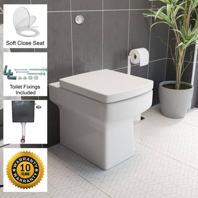 Back To Wall BTW Toilet WC Pan Square Soft Close Seat Cistern Dual Flush Button