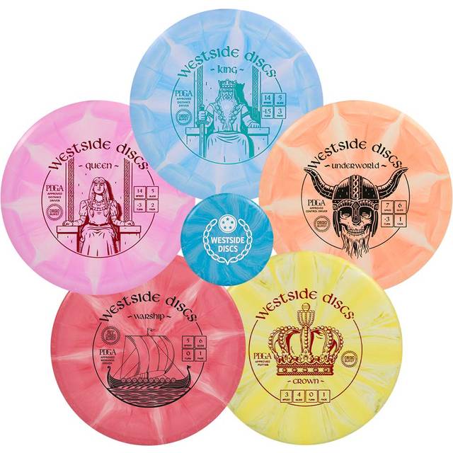 WESTSIDE DISCS 5 Disc Origio Burst Disc Golf Starter Set  Beginners Frisbee Golf Set  Set Includes Disc Golf Putter  Midrange  Fairway Driver  Maximum