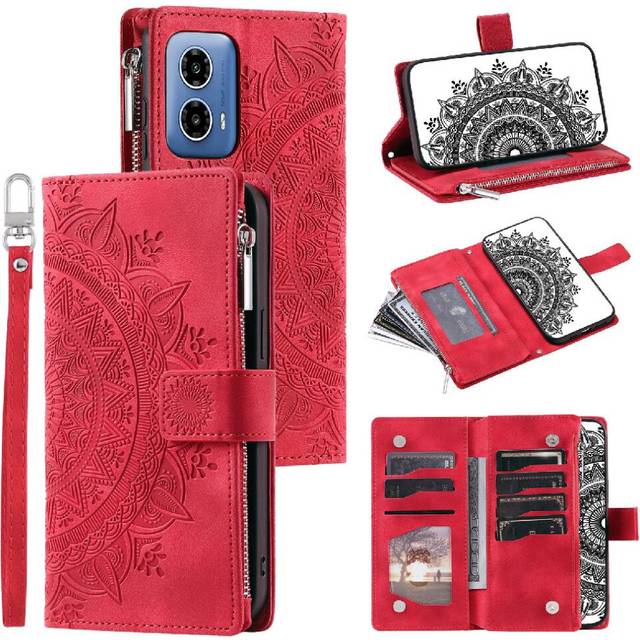 (Red) Case For Motorola MOTO G34 5G Aluminium Metal Logo Microfibre Lining Inside High Quality Clipless 2-in-1 Bottom Shell Carbon Fibre PU Spliced Wi