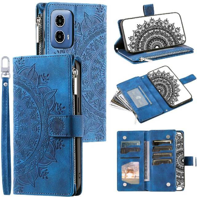 (Blue) Case For Motorola MOTO G34 5G Aluminium Metal Logo Microfibre Lining Inside High Quality Clipless 2-in-1 Bottom Shell Carbon Fibre PU Spliced W