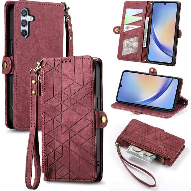 (Red) Flip Case For Samsung Galaxy A34 5G Wallet Leather Case Flip Cover Simple Business Shockproof