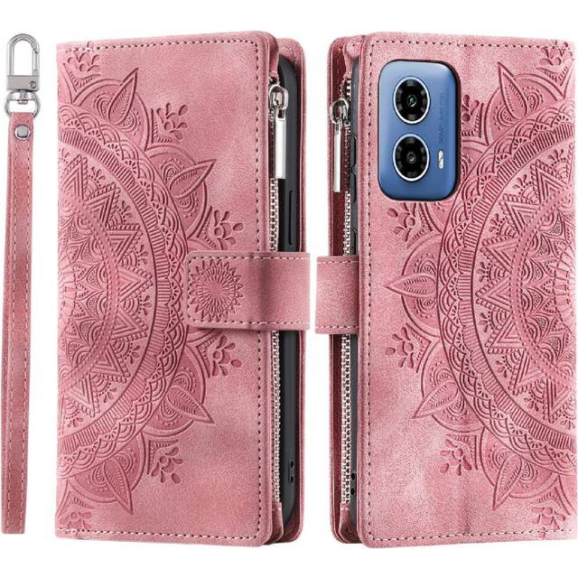 (Pink) Case For Motorola MOTO G34 5G Aluminium Metal Logo Microfibre Lining Inside High Quality Clipless 2-in-1 Bottom Shell Carbon Fibre PU Spliced W