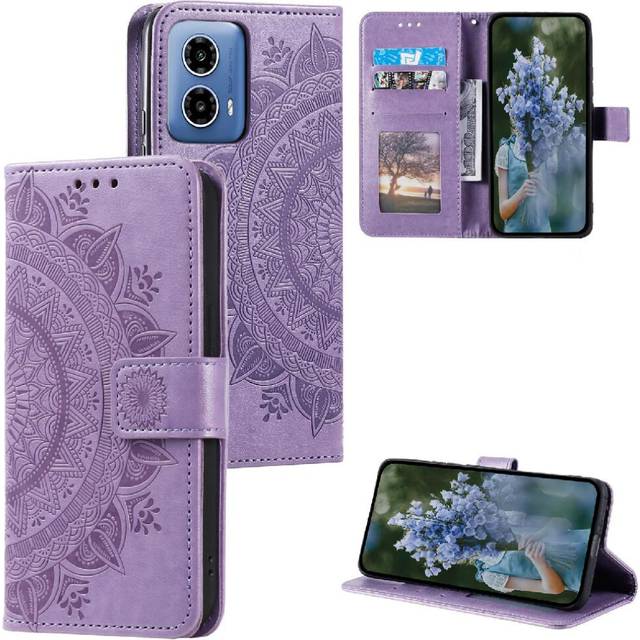(Purple) Case For Motorola MOTO G34 5G With Red Vertical Stripes Aluminium Metal Logo Carbon Fibre PU Spliced With Fine Grain PU Microfibre Lining Ins