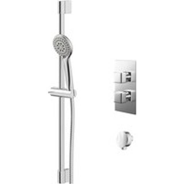 Wholesale Domestic Cubix Polished Twin Thermostatic Valve Mixer Shower with Avon Slide Rail Kit and Round Shower Elbow | Chrome | Metal | 120mm x 215mm x 140mm