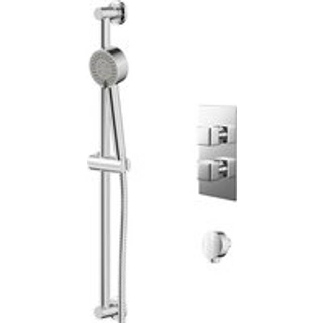Wholesale Domestic Cubix Polished Twin Thermostatic Valve Mixer Shower with Tyne Slide Rail Kit and Round Shower Elbow | Chrome | Metal | 120mm x 215mm x 140mm