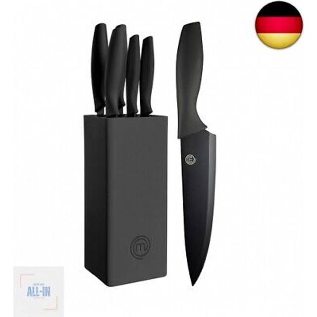 Knife Set with Block, 5 Kitchen Knives with Sharp Stainless Steel Blades (Chef, Paring, Utility, Carving, Bread) Soft Touch Easy Grip Handles &