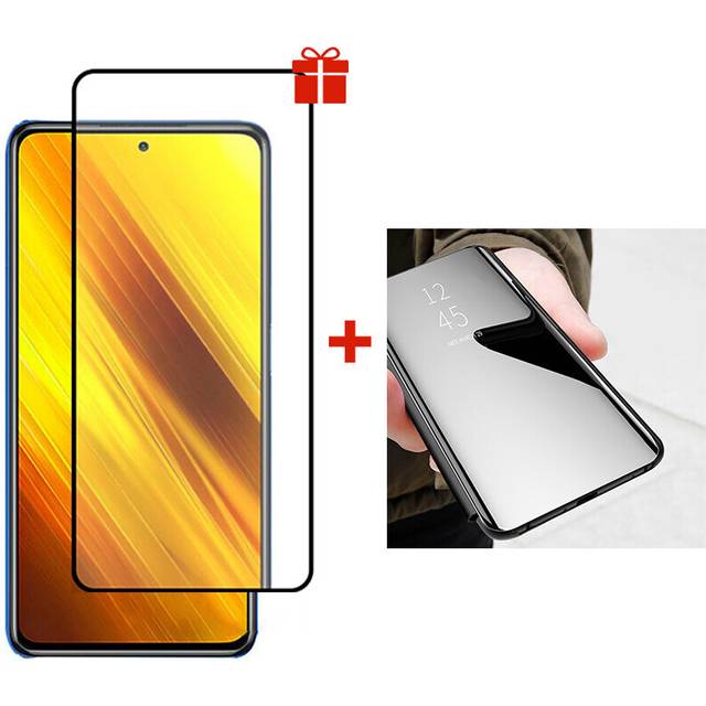 Bakeey for POCO X3 NFC Accessories Anti Explosion Full Glue Tempered Glass Screen Protector + Flip Plating Mirror Window View Protective Case Non Ori