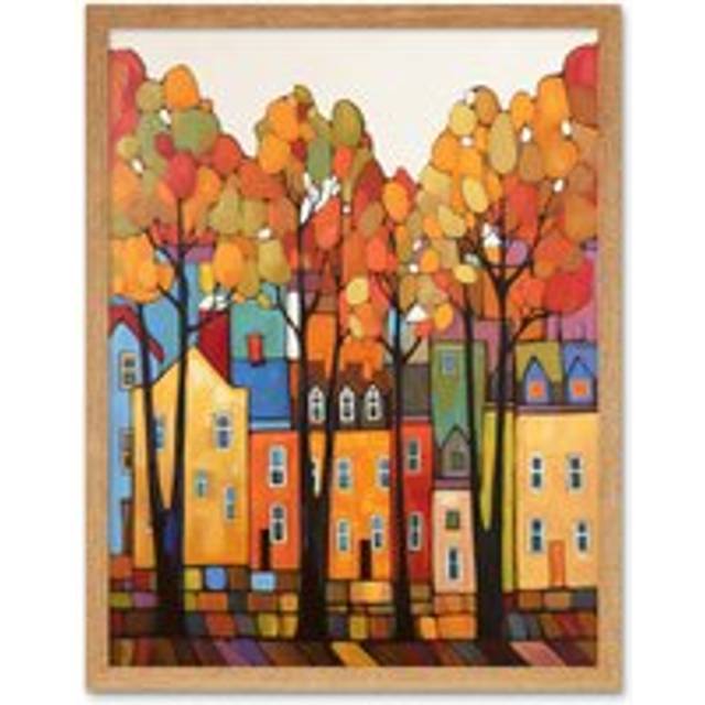 Wall Art Print Multicoloured House Street In Autumn Contemporary Folk Art Painting Art Framed - Tan - W12 inch x H16 inch