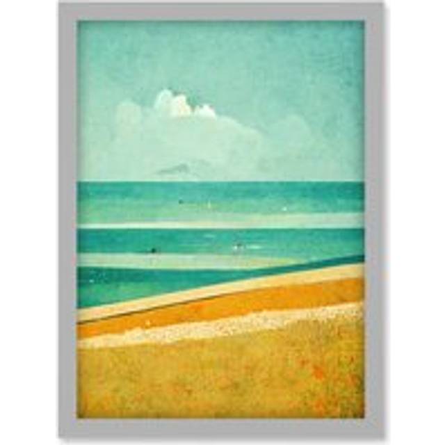 Calm Sandy Beach Summer Scene In Ochre And Teal Minimalist Artwork Framed Wall Art Print A4 - Grey - One Size