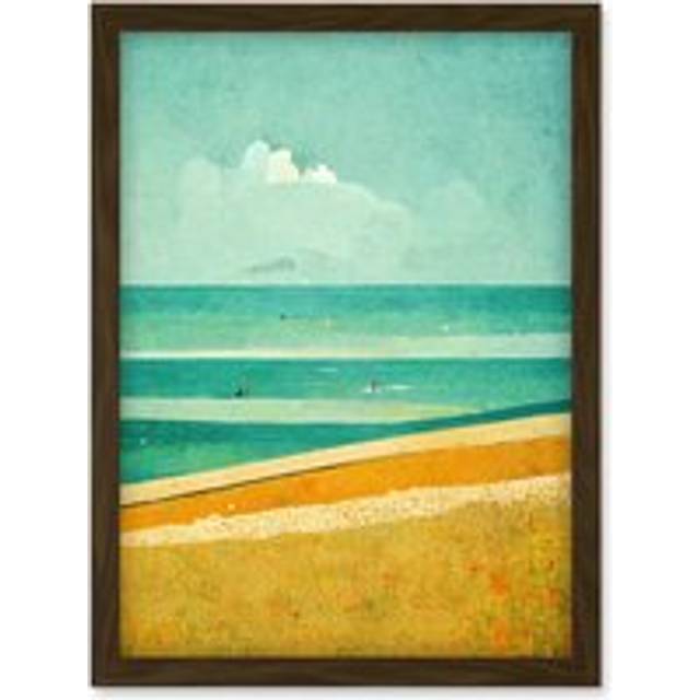 Calm Sandy Beach Summer Scene In Ochre And Teal Minimalist Artwork Framed Wall Art Print A4 - Brown - One Size