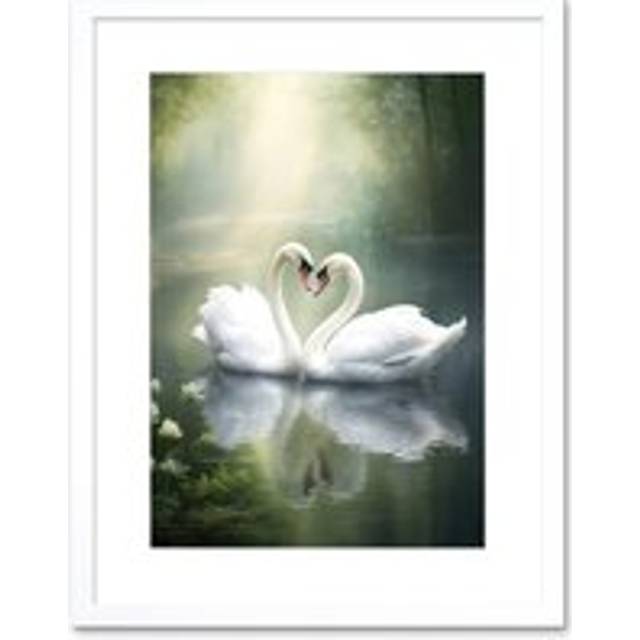 Wall Art Print Elegant Love Heart Swans Photo Misty Morning River Scene Love Romance Artwork Framed 9X7 Inch - White - W7 inch x H9 inch