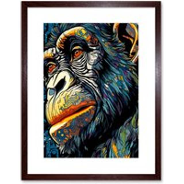 Wall Art Print Chimpanzee Acrylic Painting Vibrant Blue Orange Green Pattern Portrait Modern Pop Artwork Framed 9X7 Inch - Brown - W7 inch x H9 inch