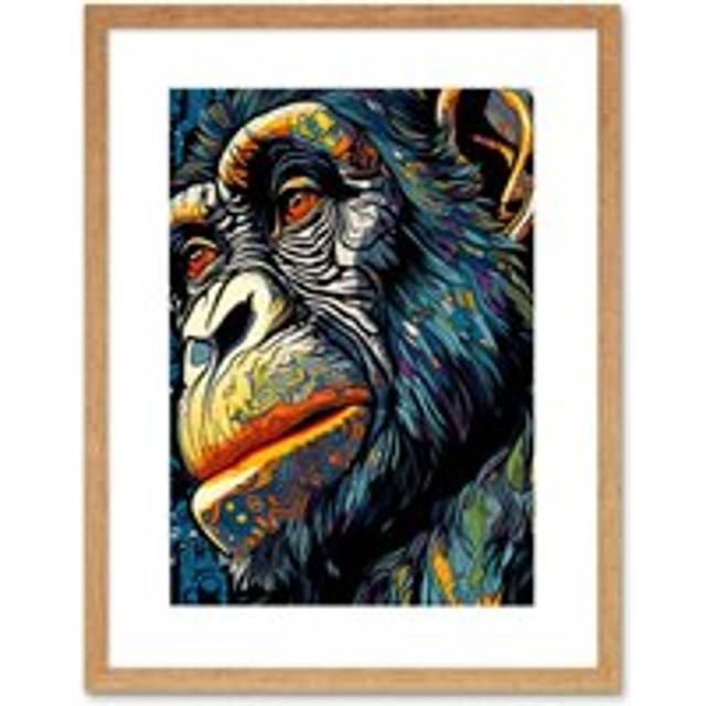 Wall Art Print Chimpanzee Acrylic Painting Vibrant Blue Orange Green Pattern Portrait Modern Pop Artwork Framed 9X7 Inch - Beige - W7 inch x H9 inch