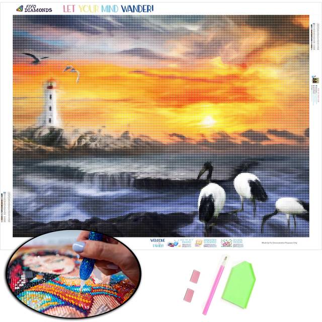 Diamond Embroidery Swan Full Square New Arrival 3D DIY Diamond Painting Landscape Sunset Lighthouse Picture of Rhinestone Stitch Cross Wall Art Full Round (20X30CM)