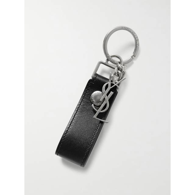 SAINT LAURENT - Leather and Burnished Silver-Tone Key Fob - Men - Black