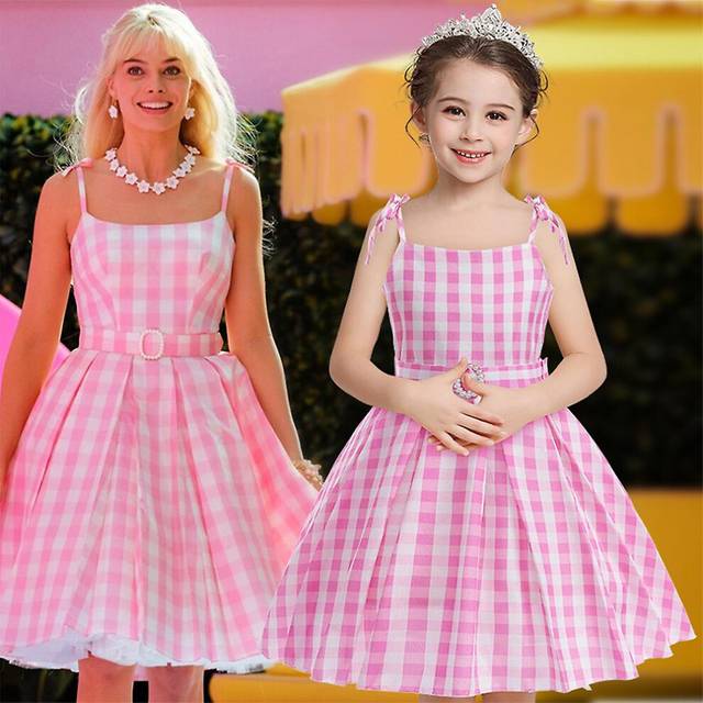 (2-3 Years) Barbie Cosplay Dress Costume Kids Margot Robbie Movie Outfit Girls Pink White Gingham Dress Halloween Birthday Party Dress Up With Bow Hai