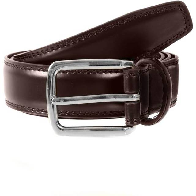 Men's Lined Leather Belt with Shiny Gilt Nickel Buckle - BROWN / M