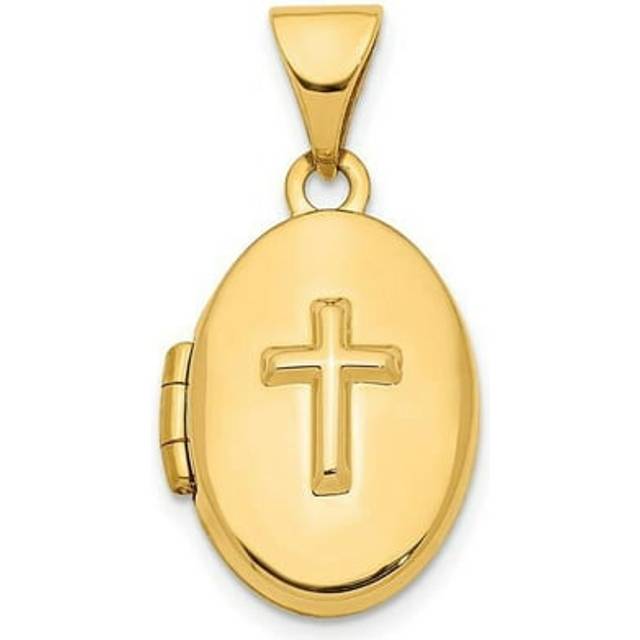 14K Yellow Gold Cross 16 mm Oval Locket Pendant