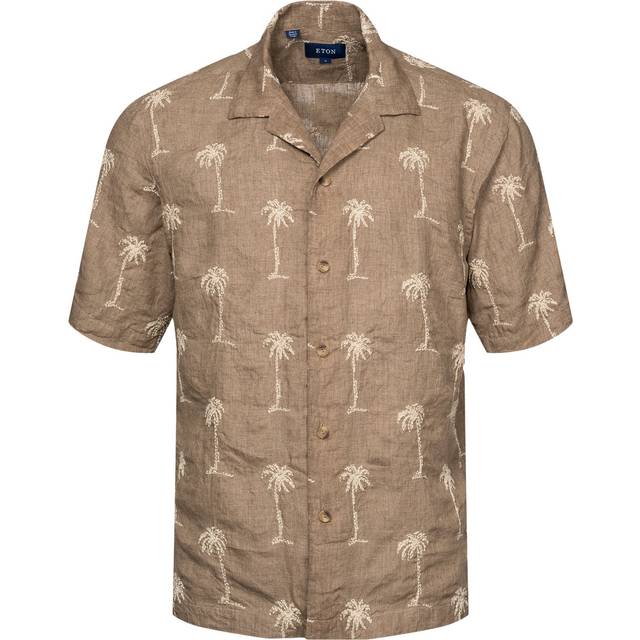 Eton Mens Brown Resort Embroidered Relaxed-fit Linen Shirt L - BROWN