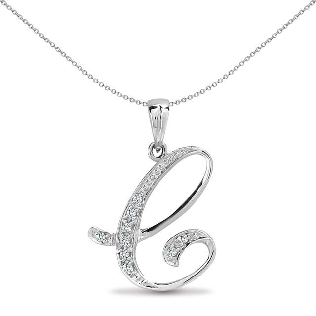 Jewelco London 9ct White Gold Pave Set Round G SI 0.05ct Diamond Identity Script Initial ID Charm Pendant Letter C - 9P060-C