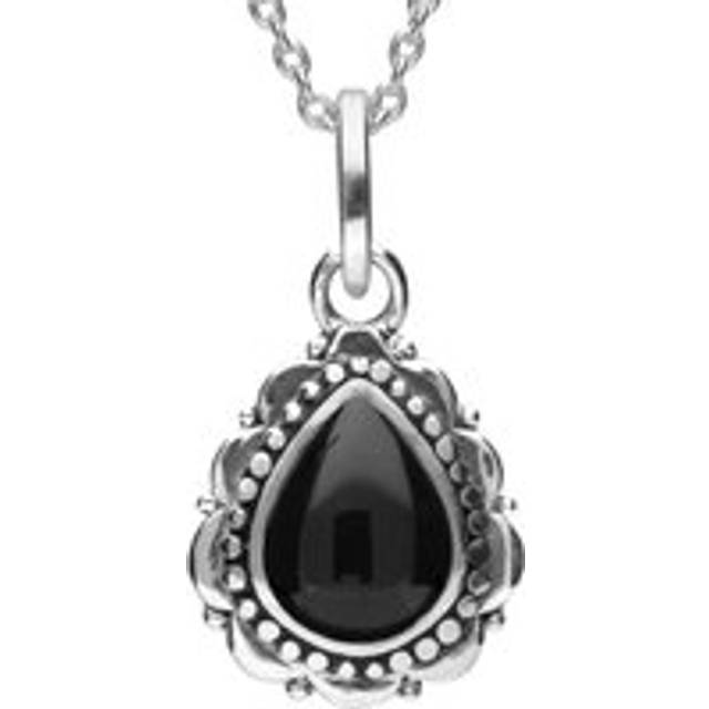 Sterling Silver Whitby Jet Beaded Edge Pear Shape Necklace - Silver