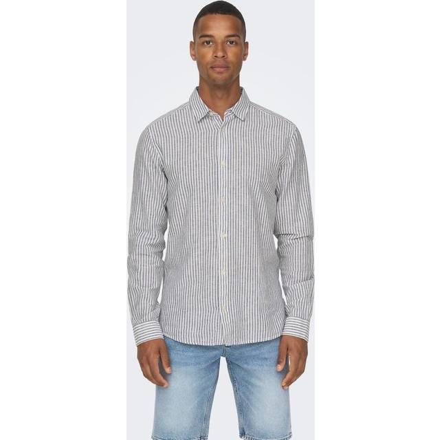 Only & Sons Men's Navy Striped Long Sleeve Shirt New Look - XL