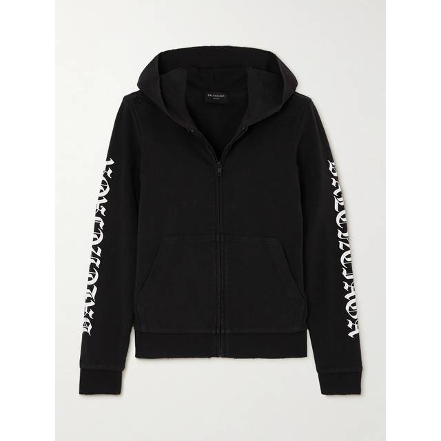 Balenciaga - Distressed Printed Cotton-blend Jersey Hoodie - Black - M