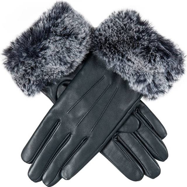 Women’s Touchscreen Three-Point Lined Leather Gloves with Faux Fur Cuffs - Navy / M