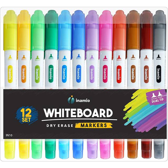 Dry Erase Markers for Whiteboard - Ultra Fine Tip White Board Markers - Dual Tip  Pastel Colors - Fine Point Erasable Markers - 12 Set