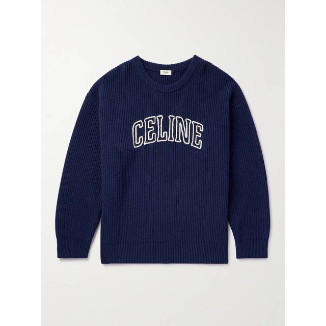 CELINE HOMME - Logo-Embroidered Ribbed Wool Sweater - Men - Blue - S