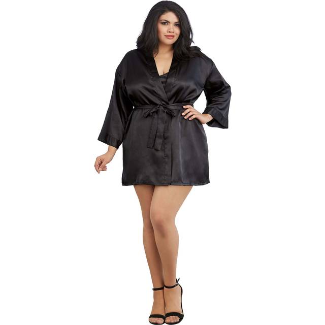 Plus Size Women's Black Charmeuse Chemise and Robe | Adult Lingerie (3X/4X)