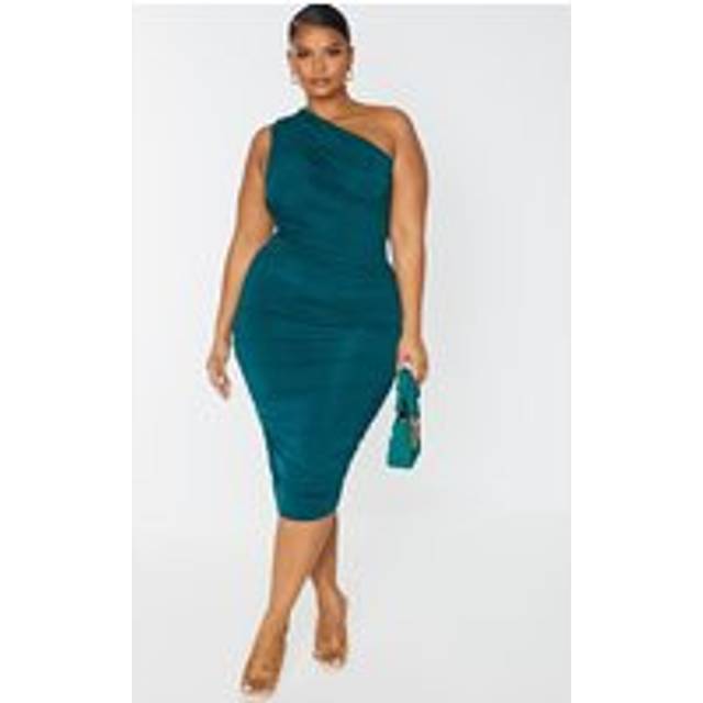 Plus Emerald Green Slinky Ruched One Shoulder Longline Midi Dress, Emerald Green - 30