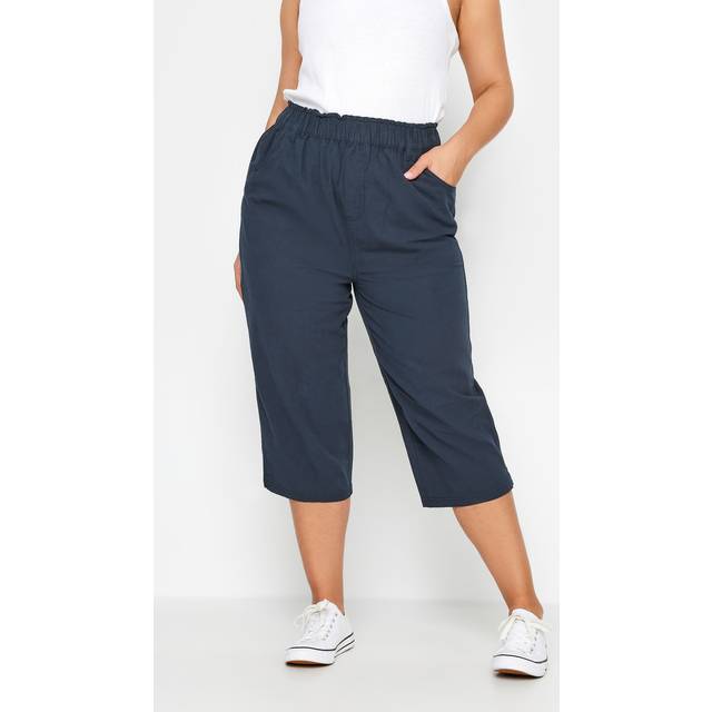 Yours Curve Navy Blue Cool Cotton Cropped Trousers, Women's Curve & Plus Size, Yours - 22-24