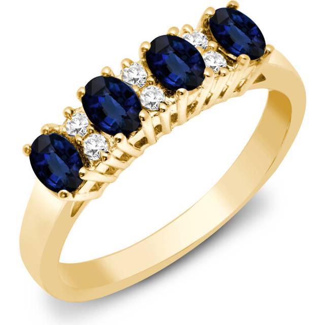 (T) Jewelco London 9ct Yellow Gold 4 Claw Set H I2 0.12ct Diamond and Oval Blue 1.05ct Sapphire Quadrilogy Eternity Ring 4mm