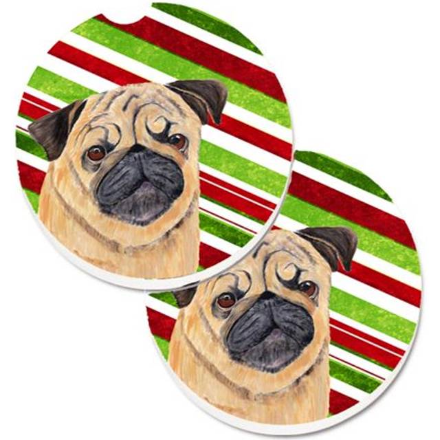 Pug Candy Cane Holiday Christmas Set of 2 Cup Holder Car Coaster