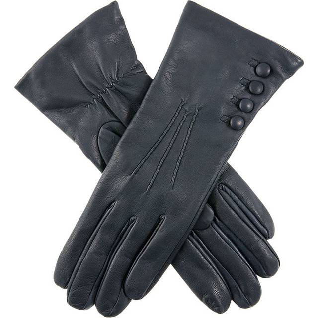 Women's Three-Point Cashmere-Lined Leather Gloves with Buttons - NAVY (Red) / 8