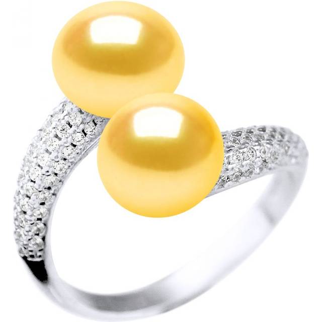 Diadema Womens Ring YOU AND ME 2 Water Beads 9-10mm Sweet Yellow Golden Jewelry 925 Silver - One Size