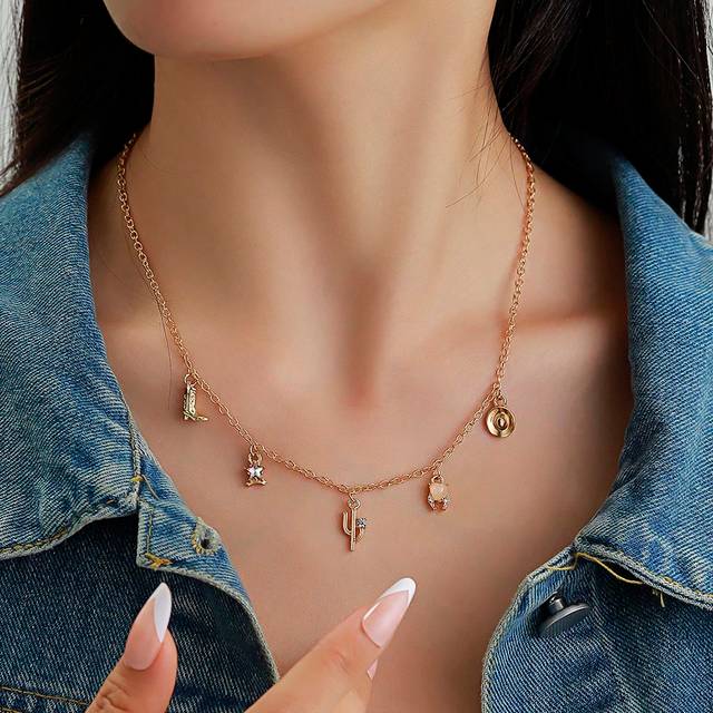 SHEIN 1pc Cowboy Hat, Boots, Cactus & Horseshoe Shaped Zinc Alloy Necklace With Vintage Western Style, Great For Festival Gifts And Daily Wear