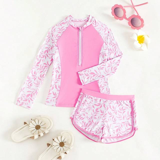 SHEIN Tween Girls&#39; Plant Print Splice Swimwear Set, Long Sleeve Bathing Suit Beach Outfit Rash Guard Summer Vacation
