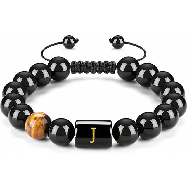 SHEIN 1pc Initial Men&#39;s Beaded Woven Bracelet Natural Black Agate Tiger Eye Stone Bead Woven Rope With Meaningful Bracelet