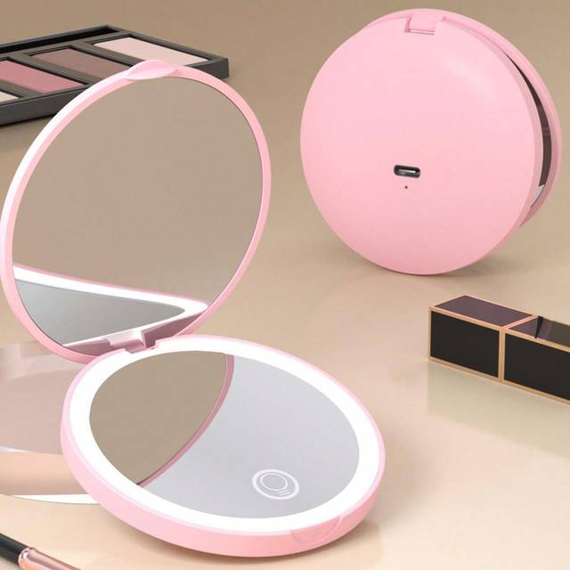 SHEIN Pocket Mirror, 1X/2X Magnification LED Compact Travel Makeup Mirror With Light For Purse, 2-Sided, Portable, Folding, Handheld, Small Lighted Mirror F