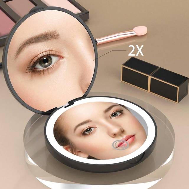 SHEIN Pocket Mirror, 1X/2X Magnification LED Compact Travel Makeup Mirror With Light For Purse, 2-Sided, Portable, Folding, Handheld, Small Lighted Mirror F