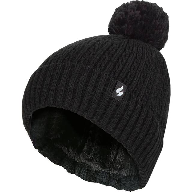 (One Size, Black) Heat Holders - Ladies Winter Ribbed Thermal Cable Knit Beanie Pom Pom Hat