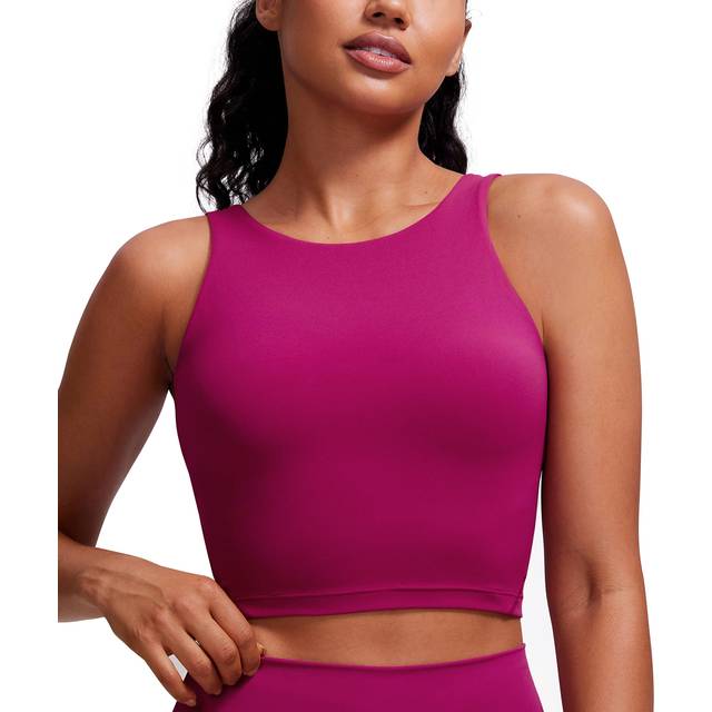 CRZ YOGA Butterluxe Womens High Neck Longline Sports Bra - U Back Padded Crop Workout Tank Top with Built in Pads Magenta Purple X-Large