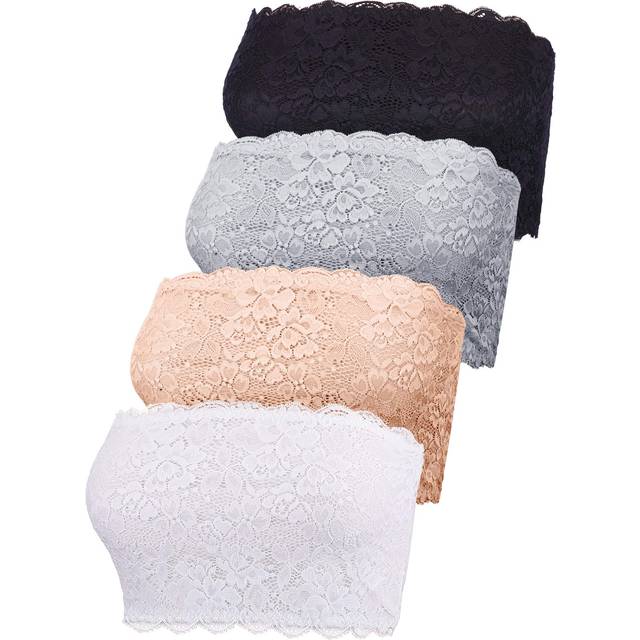 4 Pieces Women Lace Bandeau Bra Tube Top Elastic Strapless No Sponge Pad No Underwire Bra for Daily Favor (Black  White  Nude  Gray  X-Large)