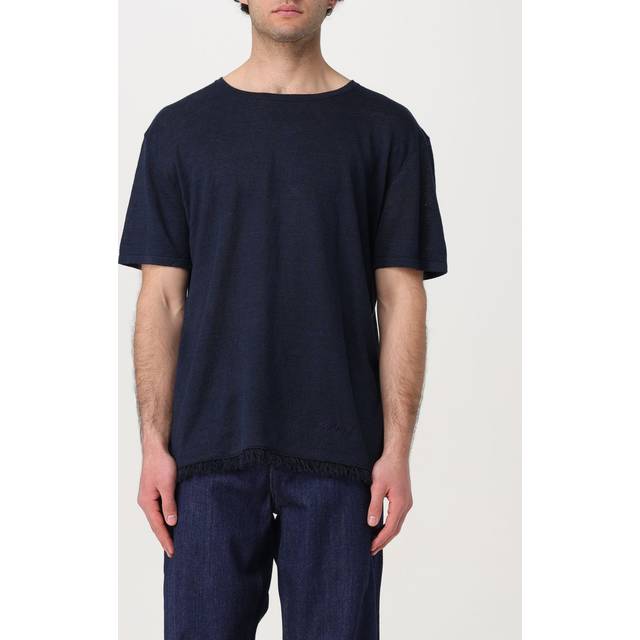 Linen Crew-neck T-Shirt with Frayed Hem size L (L)