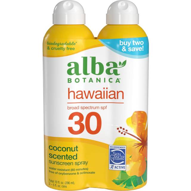 Alba Botanica Hawaiian Coconut Sunscreen  Spray Broad Spectrum SPF 30 Sunscreen  Water Resistant and Biodegradable 5 fl oz Bottle (Pack of 2)