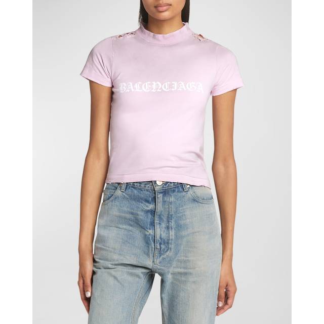Balenciaga - Cropped Distressed Logo-print Stretch-cotton Jersey T-shirt - Pink - XS