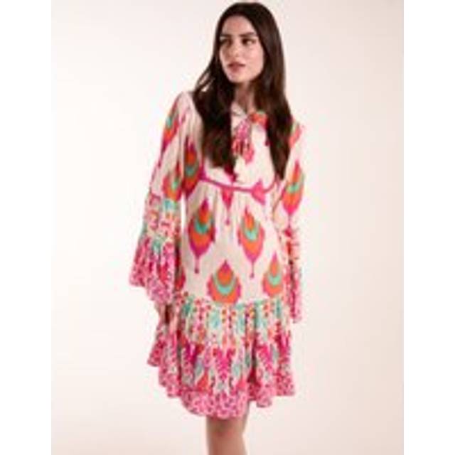 Printed Long Sleeve Tie Front Smock Dress - Multi - Small - Blue Vanilla