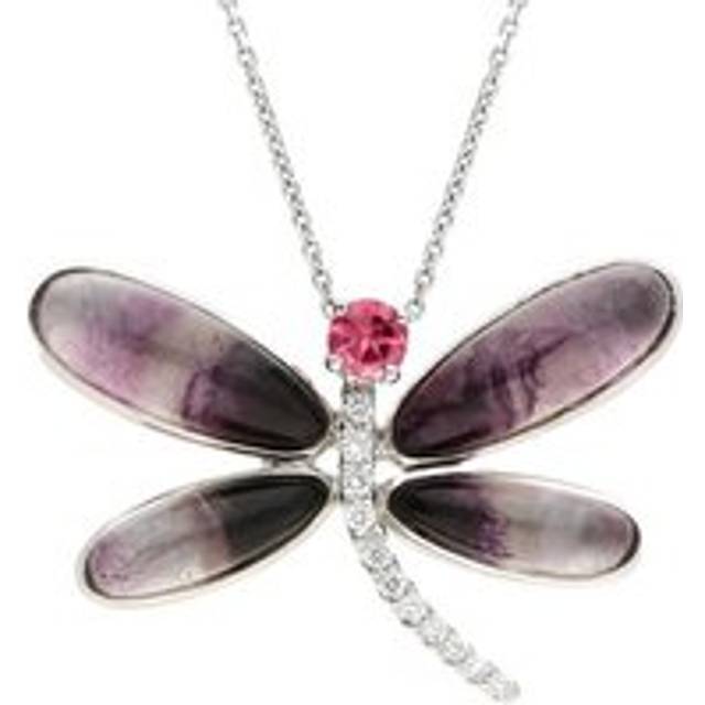 18ct White Gold Blue John Diamond and Rubellite Dragonfly Necklace - White Gold